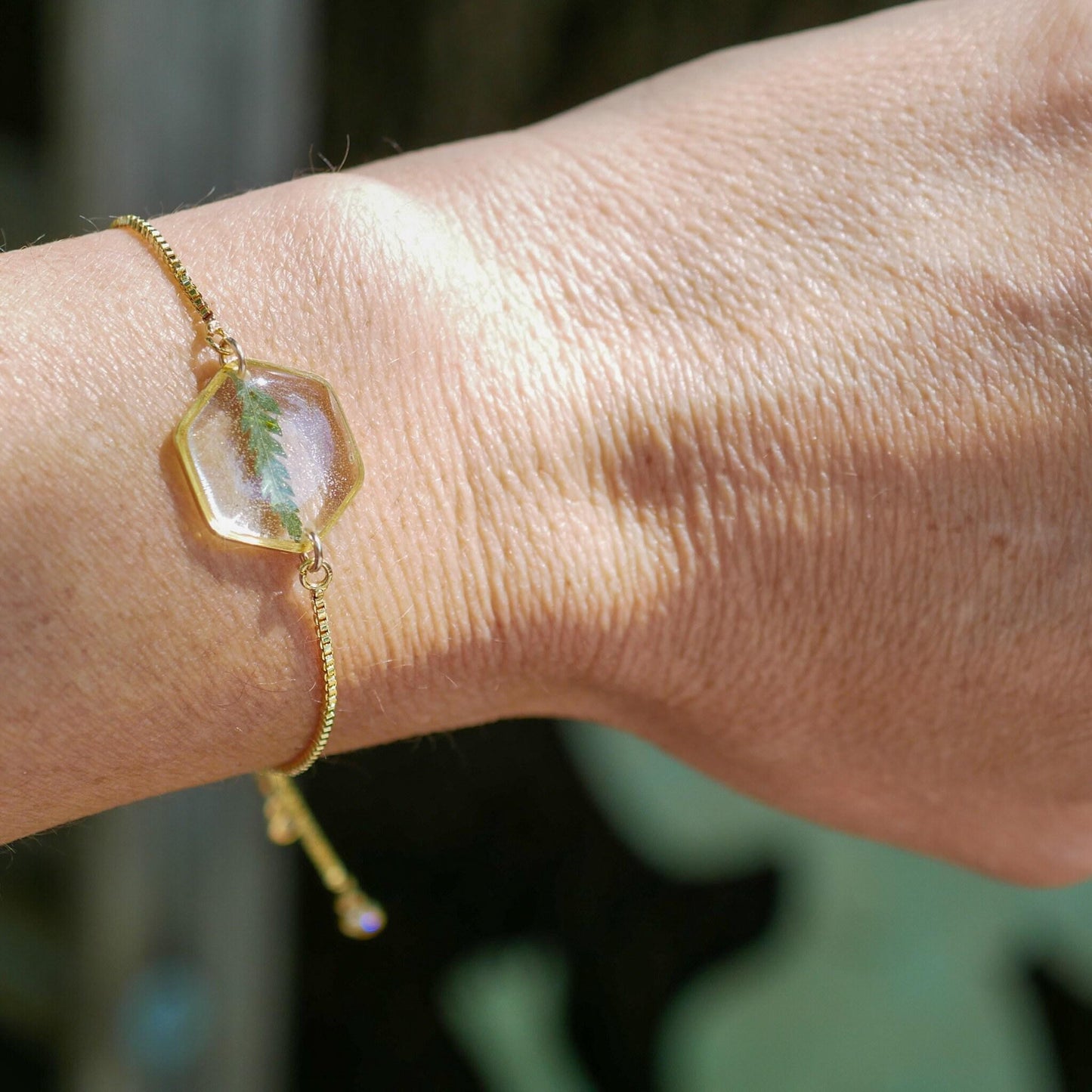 Pressed fern bracelet in gold or silver, real fern jewelry for nature gift