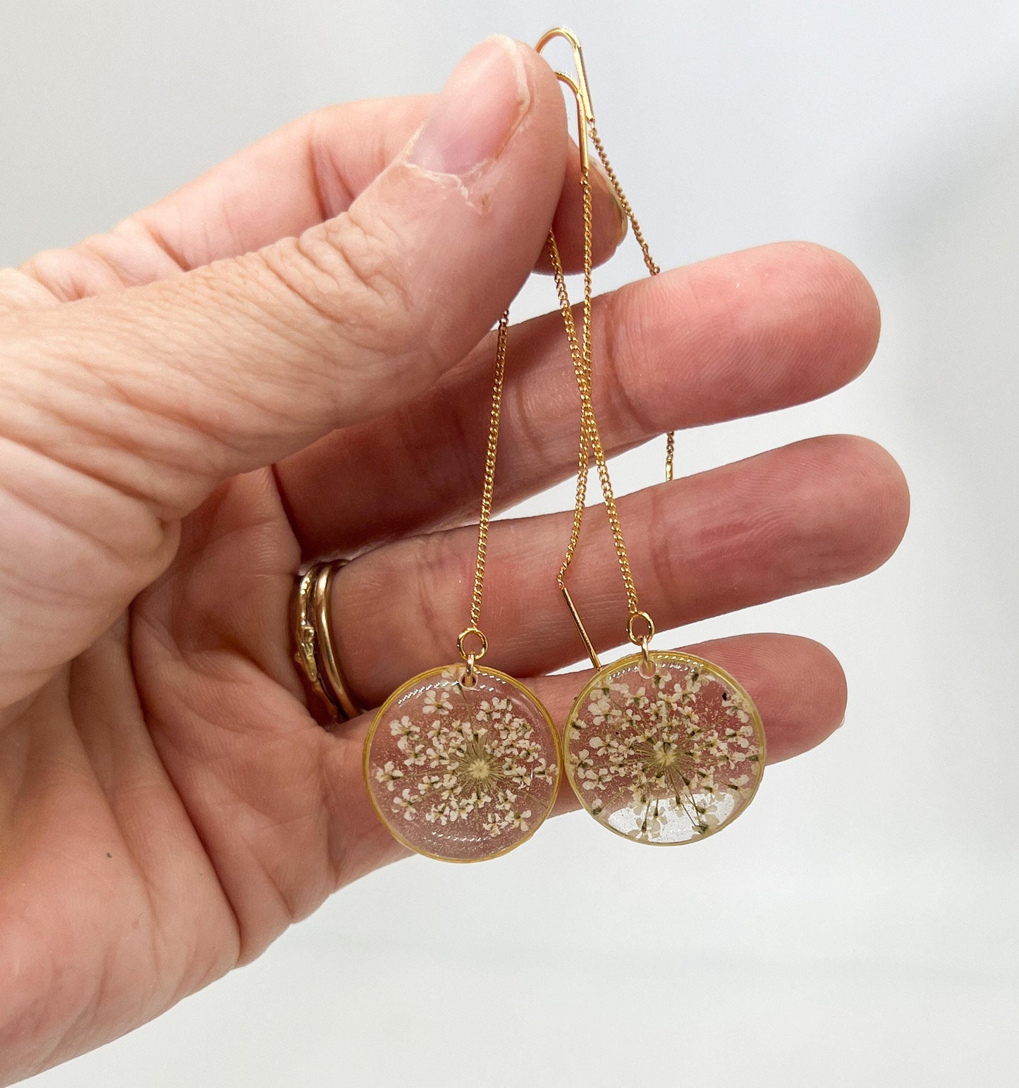 Queen anne’s lace ear threaders, pressed flower earrings