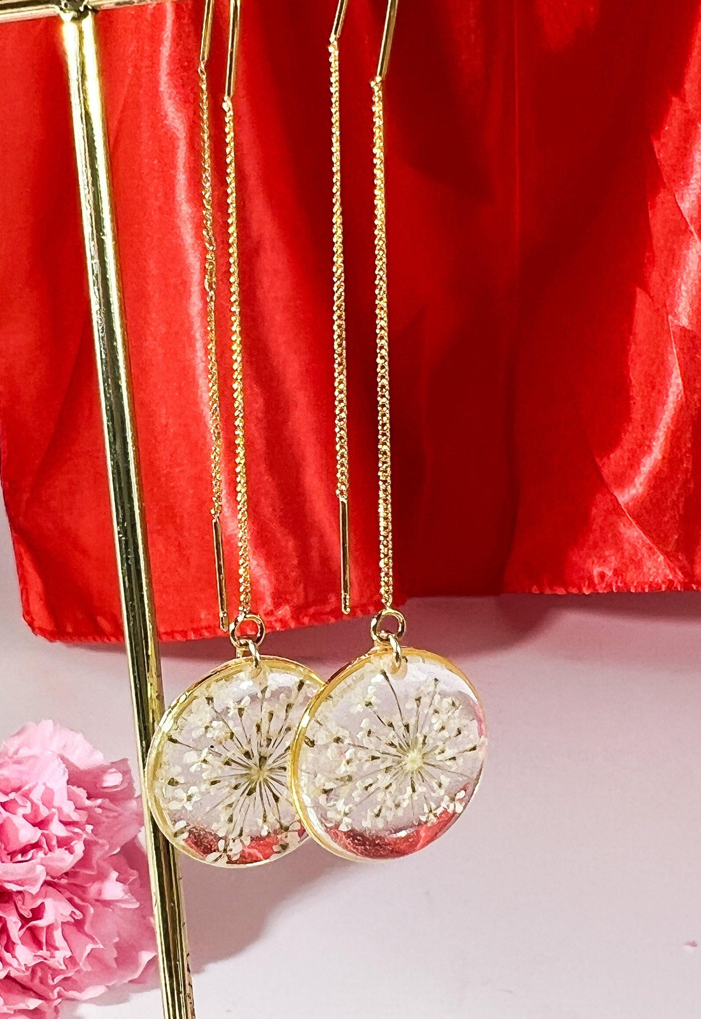 Queen anne’s lace ear threaders, pressed flower earrings