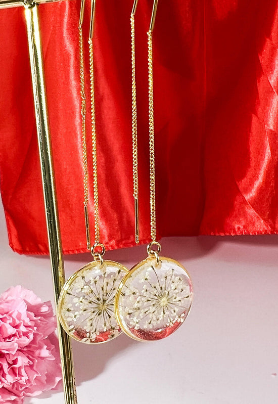 Queen anne’s lace ear threaders, pressed flower earrings