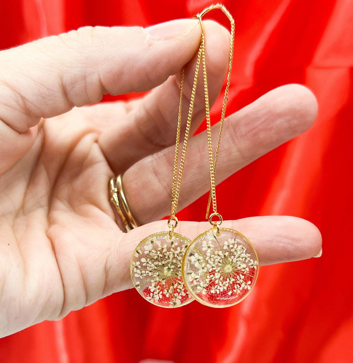Queen anne’s lace ear threaders, pressed flower earrings