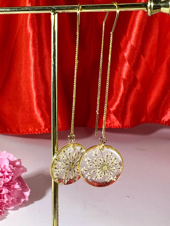 Queen anne’s lace ear threaders, pressed flower earrings
