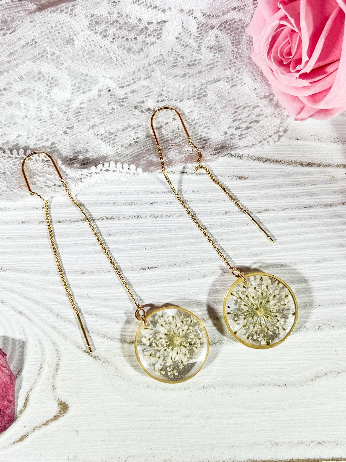 Queen anne’s lace ear threaders, pressed flower earrings