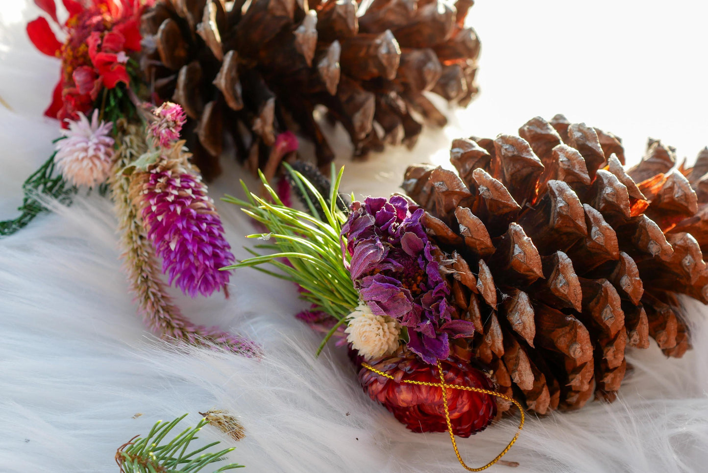 Dried flower pinecone ornament, rustic christmas decor