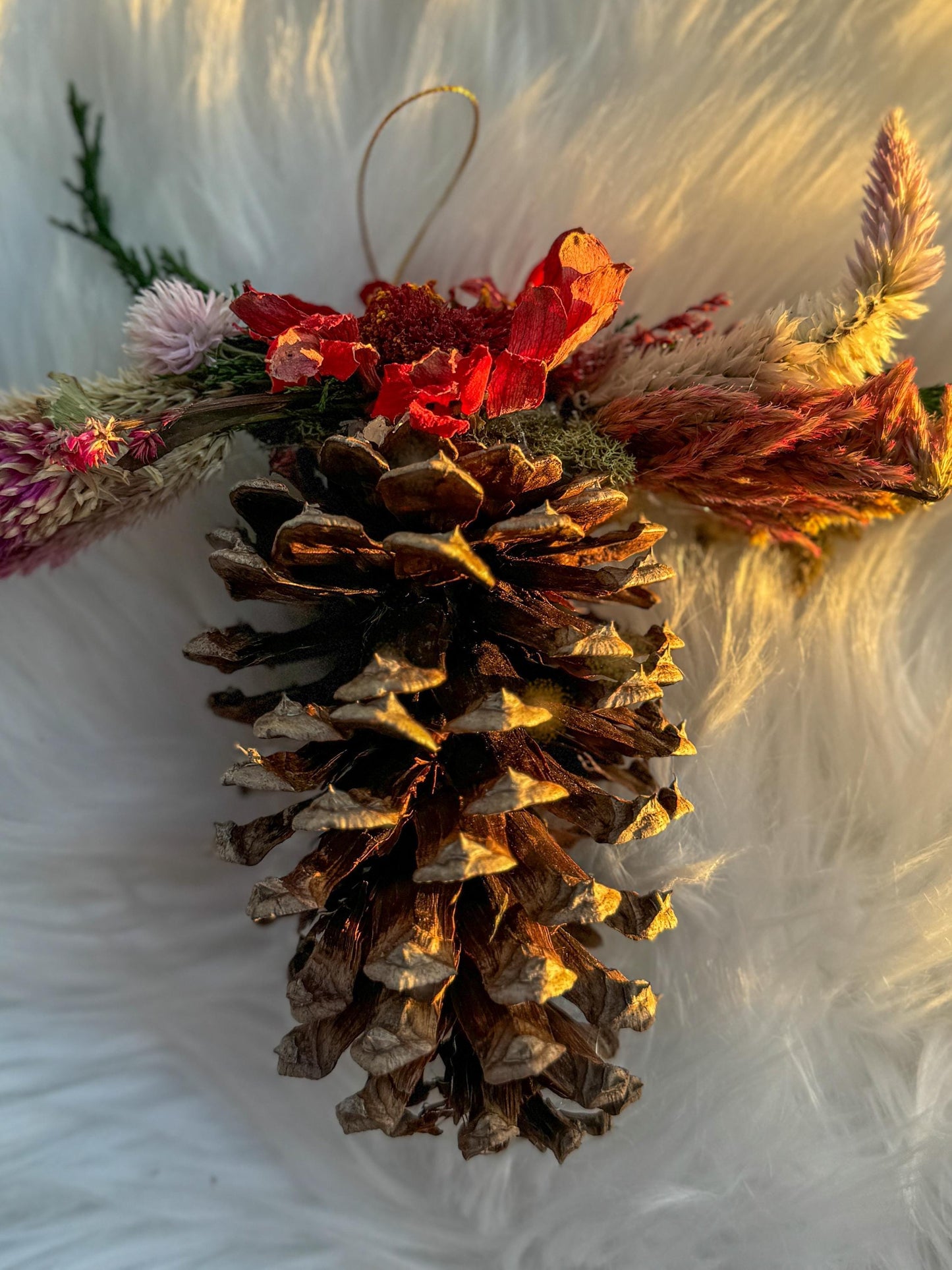 Dried flower pinecone ornament, rustic christmas decor