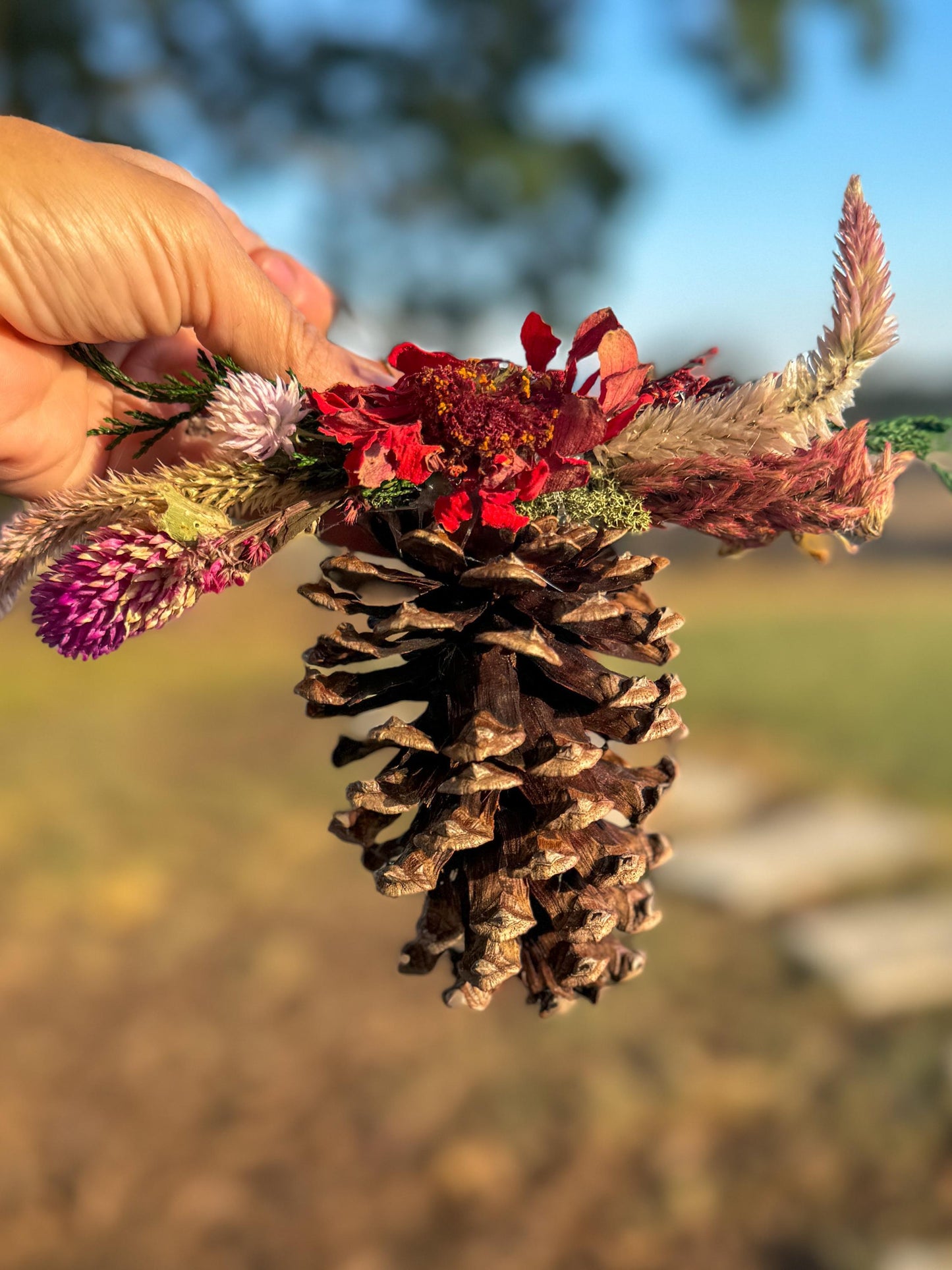 Dried flower pinecone ornament, rustic christmas decor