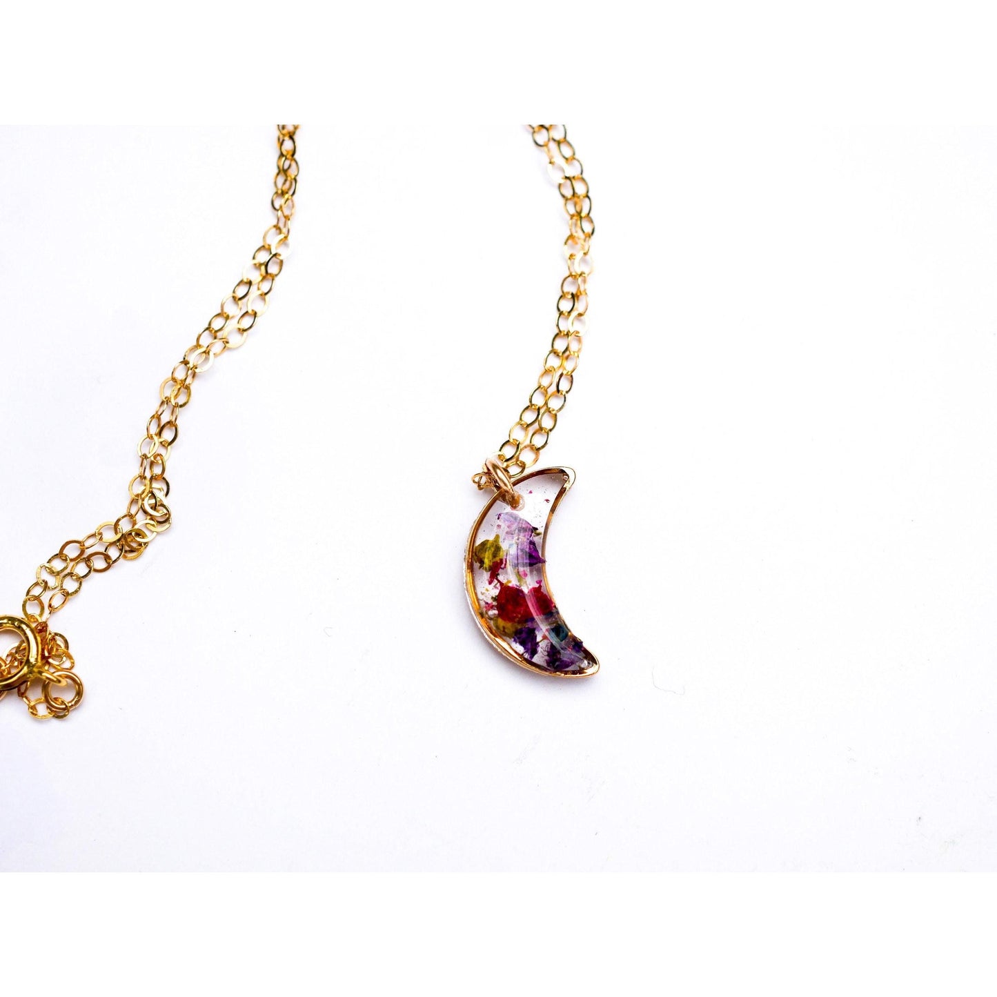 Tiny pressed flowers crescent moon necklace
