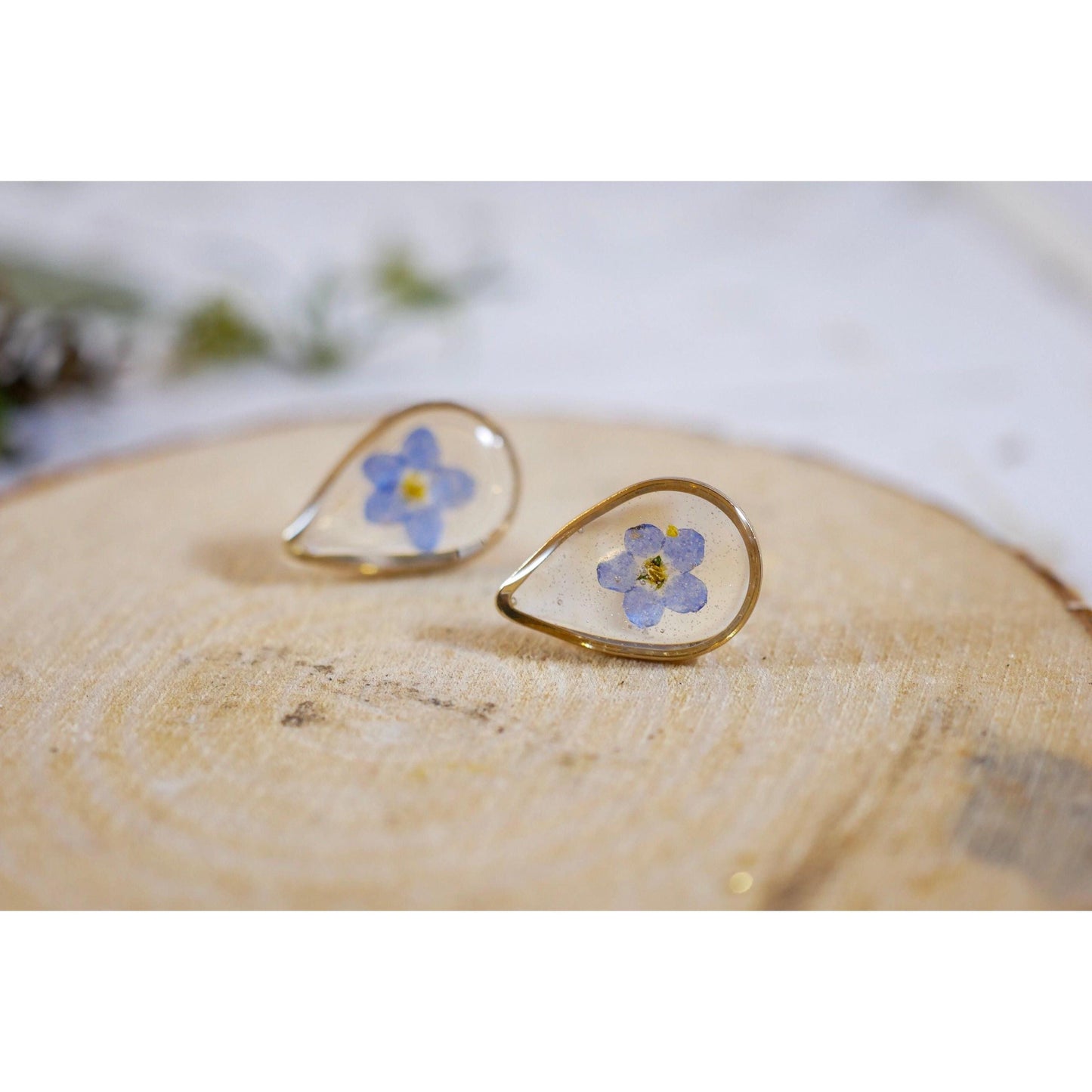 Pressed Flower Stud Earrings - Tiny Forget Me Not Teardrop