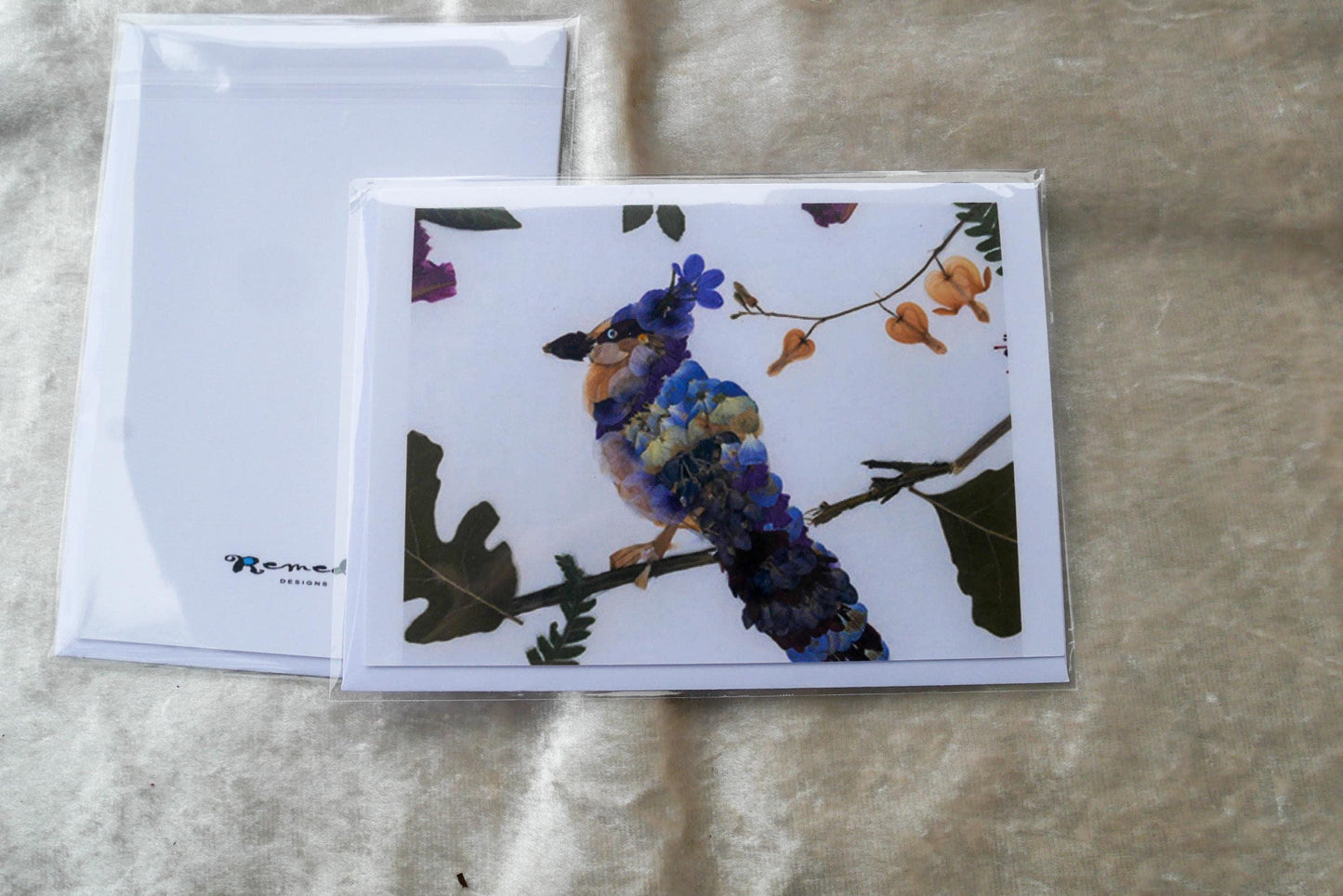 Pressed flower bluejay greeting card, pressed flower blue jay, blank whimsical greeting card