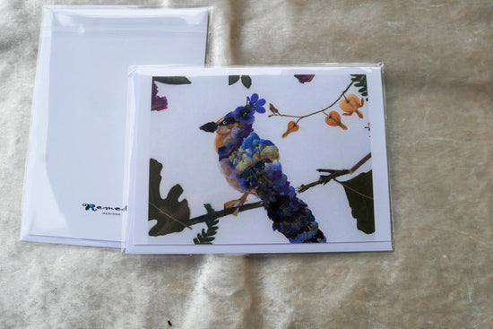 Pressed flower bluejay greeting card, pressed flower blue jay, blank whimsical greeting card
