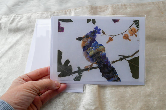 Pressed flower bluejay greeting card, pressed flower blue jay, blank whimsical greeting card
