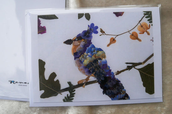 Pressed flower bluejay greeting card, pressed flower blue jay, blank whimsical greeting card