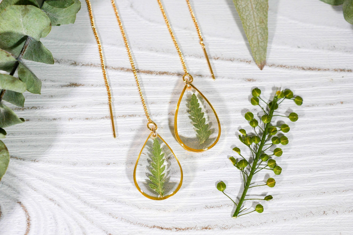 Pressed fern leaf ear threaders, pressed flower earrings, botanical jewelry
