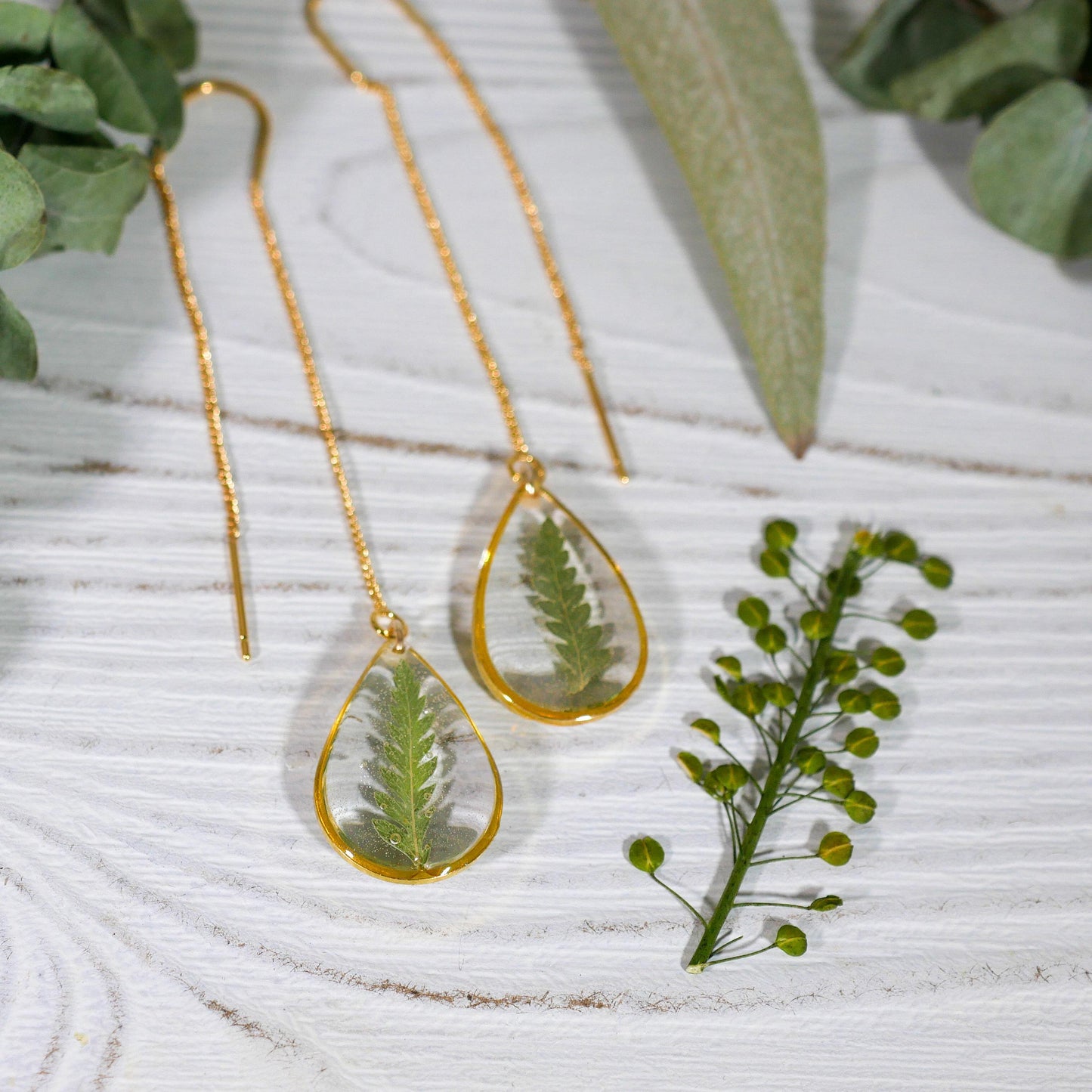 Pressed fern leaf ear threaders, pressed flower earrings, botanical jewelry