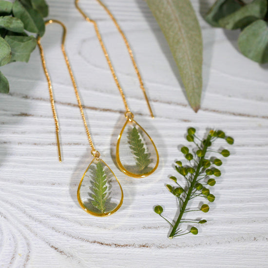 Pressed fern leaf ear threaders, pressed flower earrings, botanical jewelry
