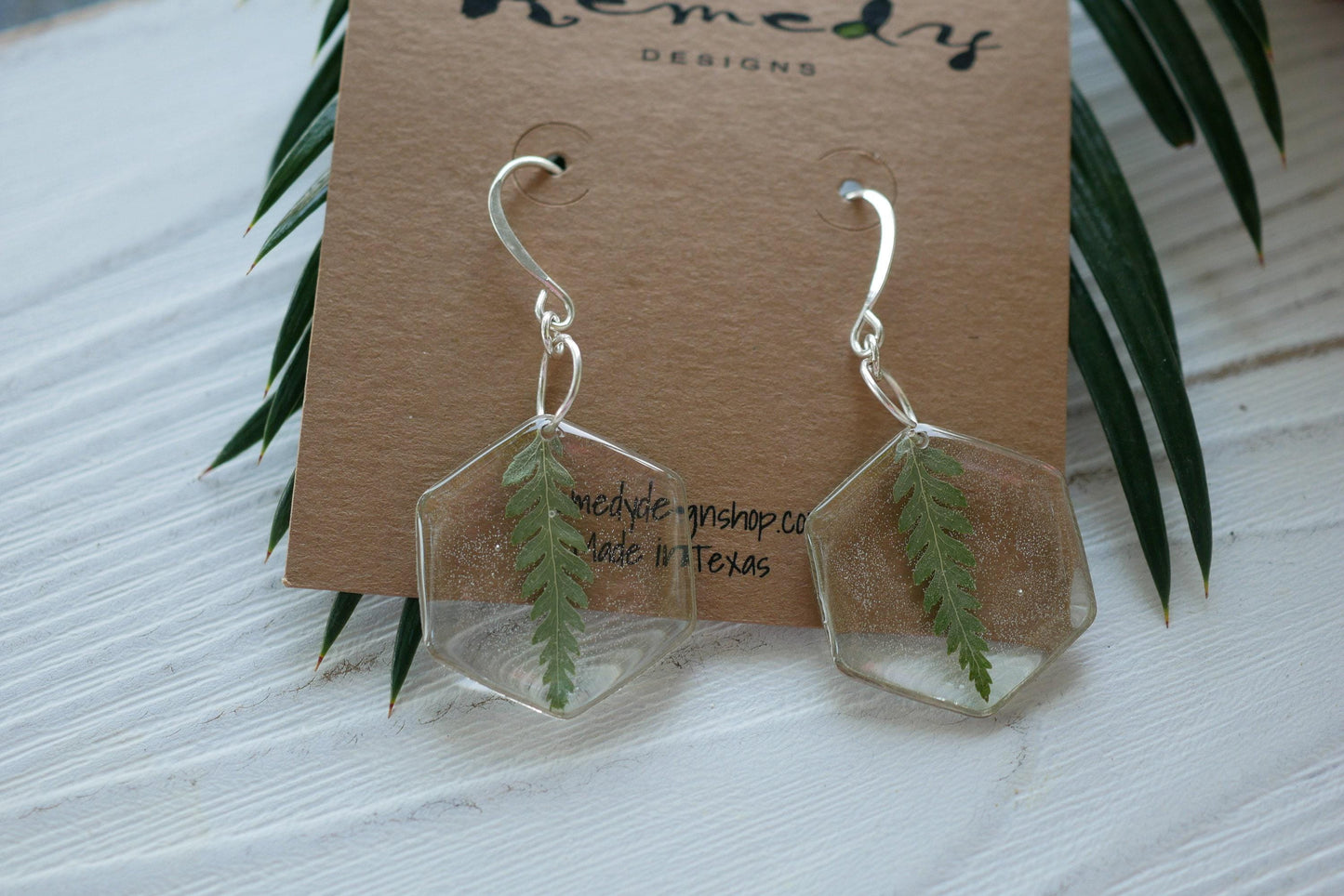 Pressedfern earrings, pressed fern dangle earrings, real leaf earrings, hexagon earrings