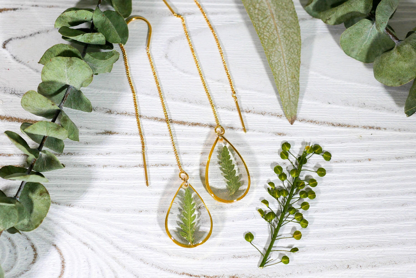 Pressed fern leaf ear threaders, pressed flower earrings, botanical jewelry
