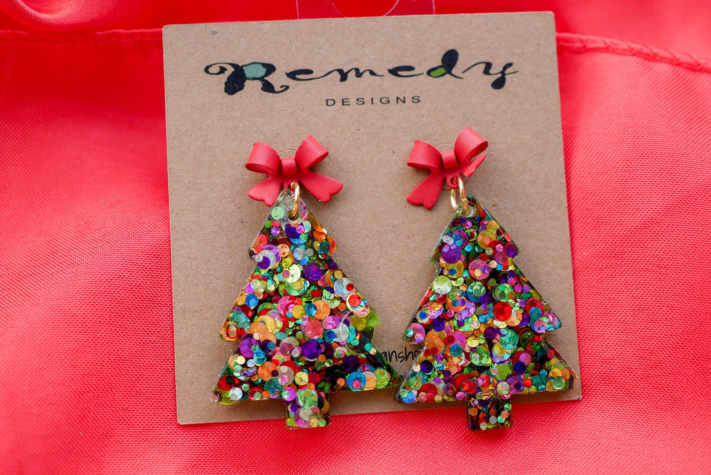 Glittery christmas tree earrings; sequin holiday earrings with a bow