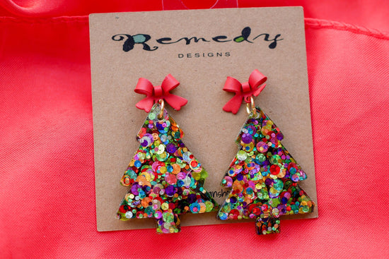 Glittery christmas tree earrings; sequin holiday earrings with a bow