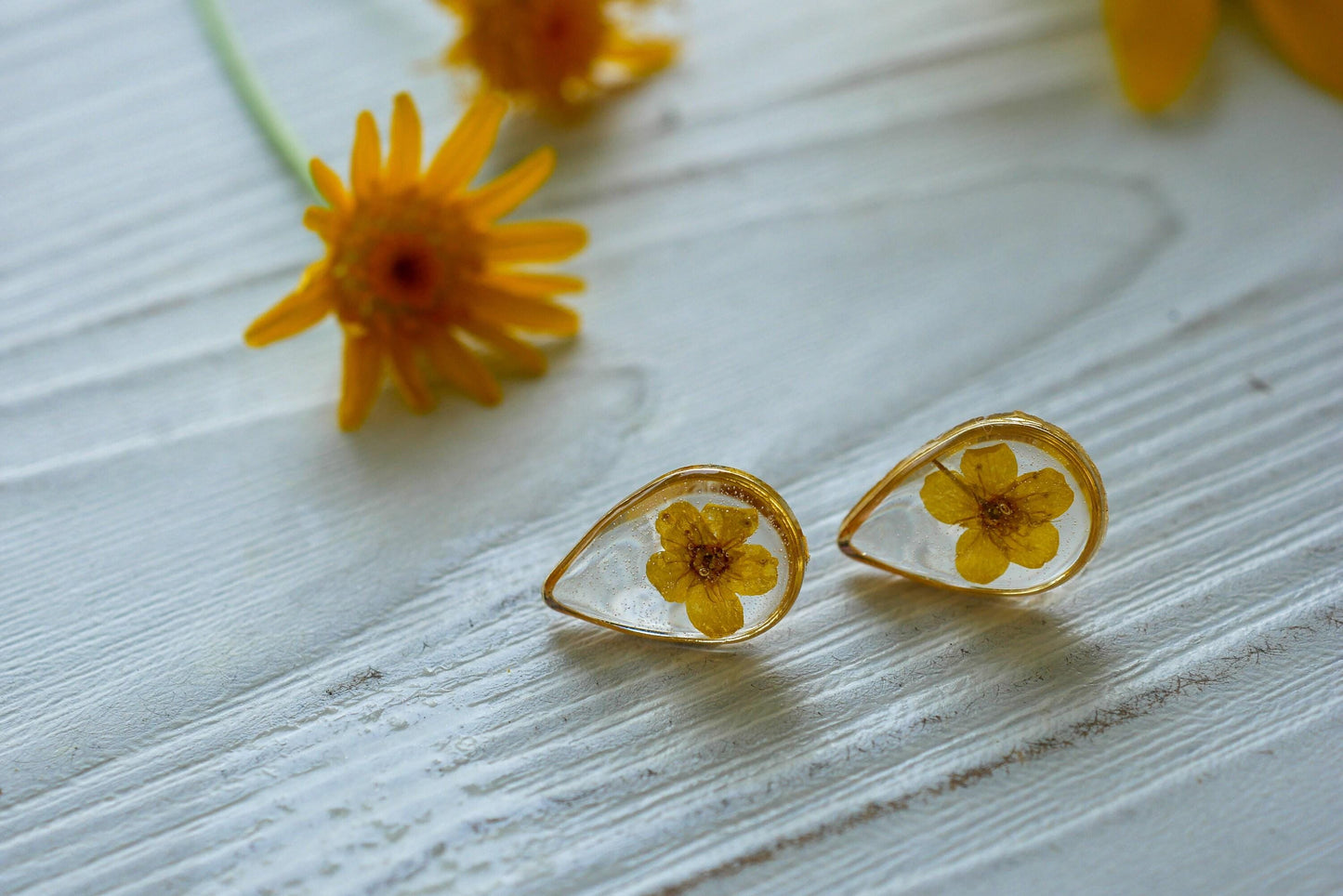 Yellow flower earrings, real flower stud earrings, pressed flower jewelry