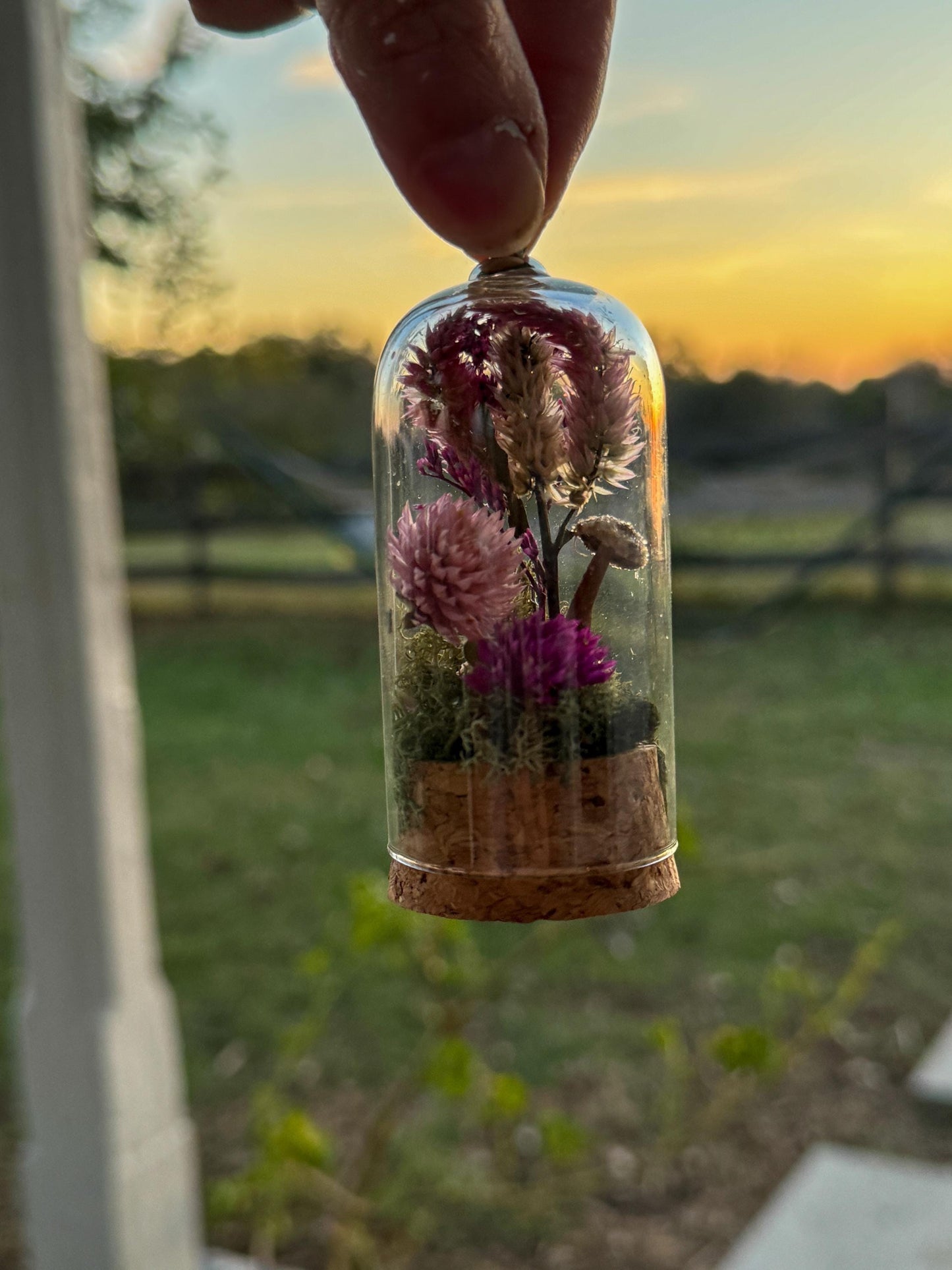 tiny mushroom and moss and dried flower in a glass cloche ornament