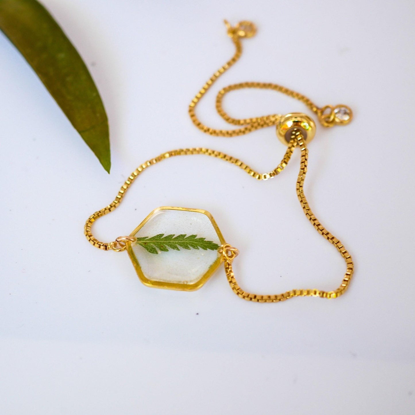 Pressed fern bracelet in gold or silver, real fern jewelry for nature gift