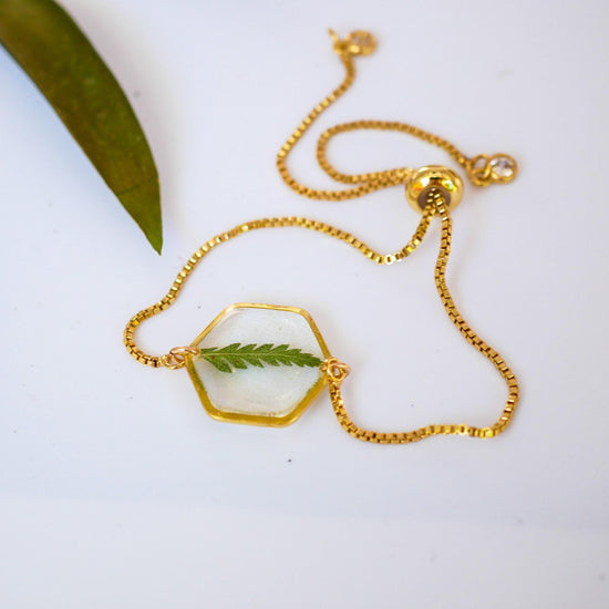 Pressed fern bracelet in gold or silver, real fern jewelry for nature gift