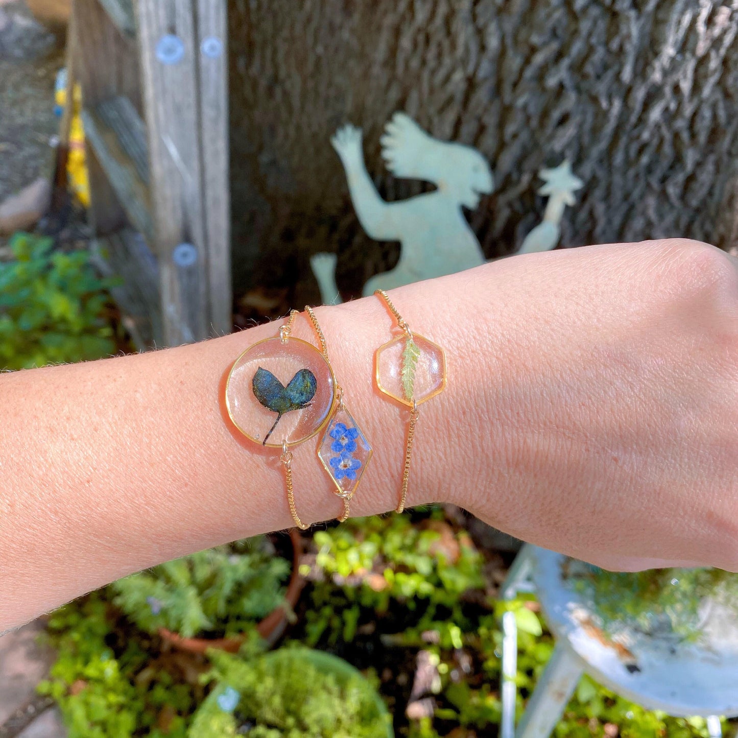 Pressed fern bracelet in gold or silver, real fern jewelry for nature gift