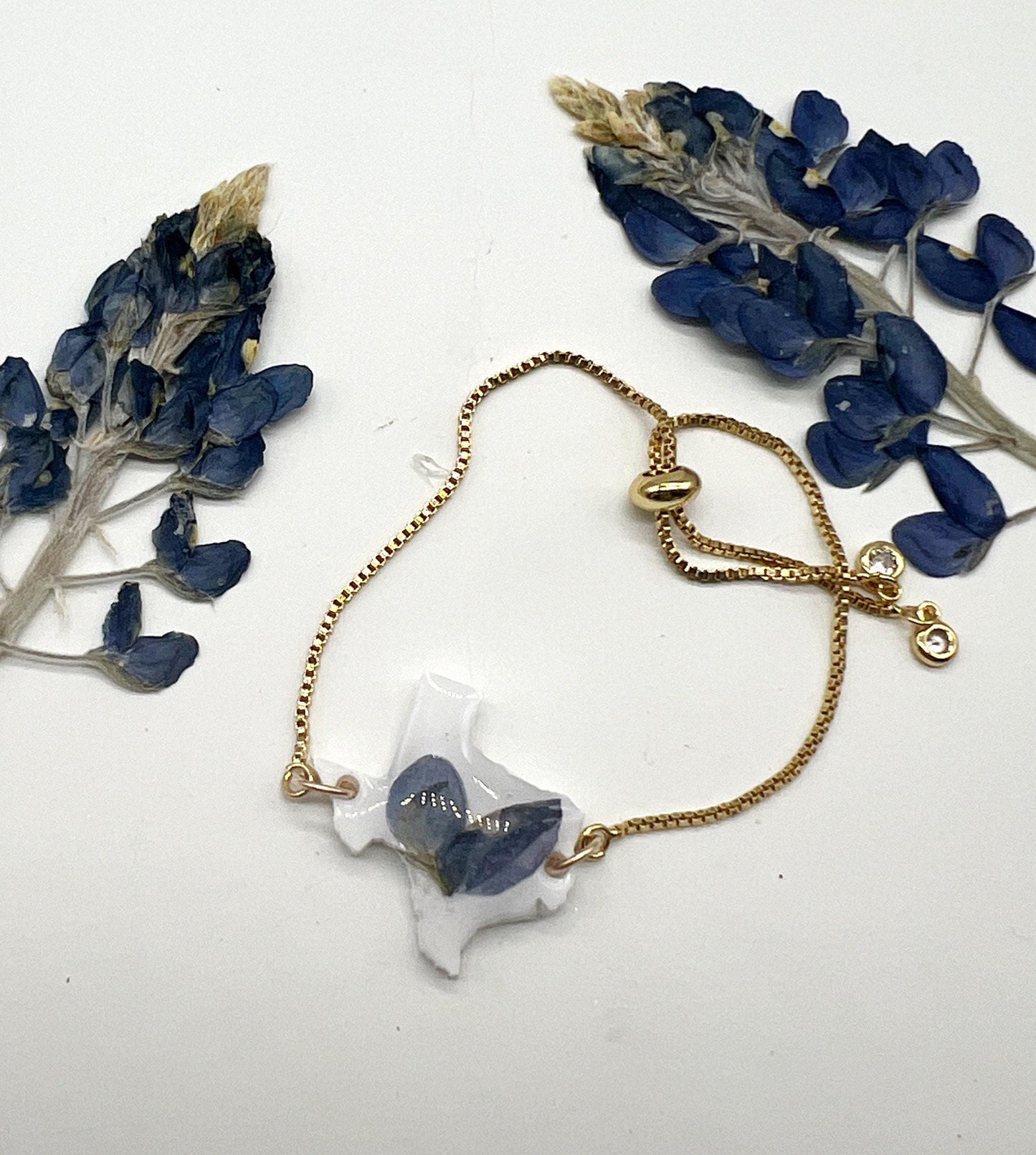 Texas bluebonnet bracelet, real bluebonnet jewelry, pressed bluebonnet texas adjustable bolo bracelet in gold or silver