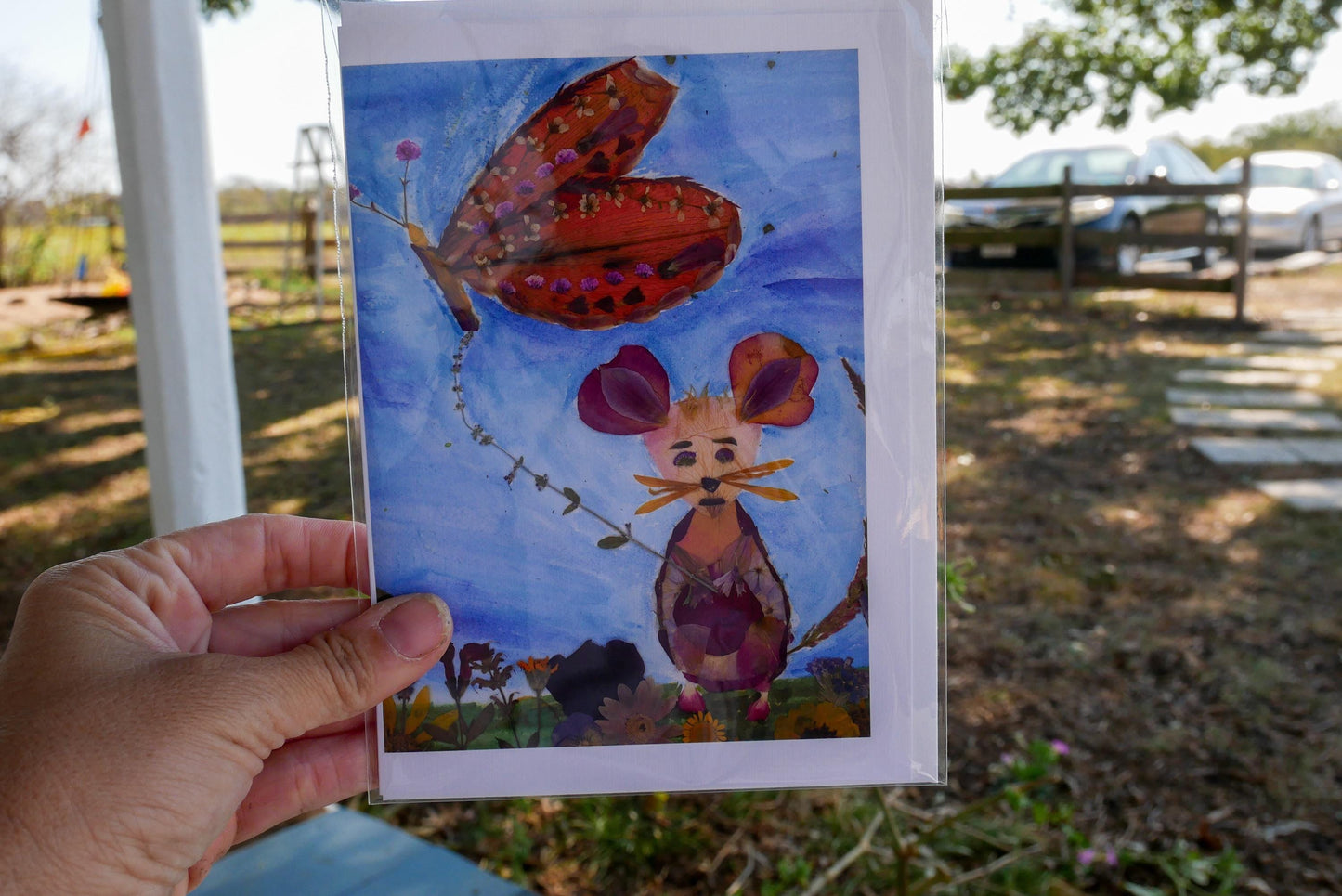 Mouse with Butterfly Kite Print: Pressed Flower Art (Blank Card)