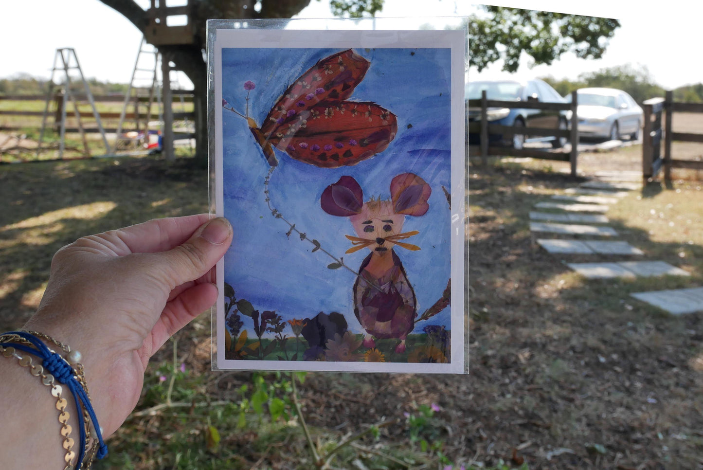 Mouse with Butterfly Kite Print: Pressed Flower Art (Blank Card)