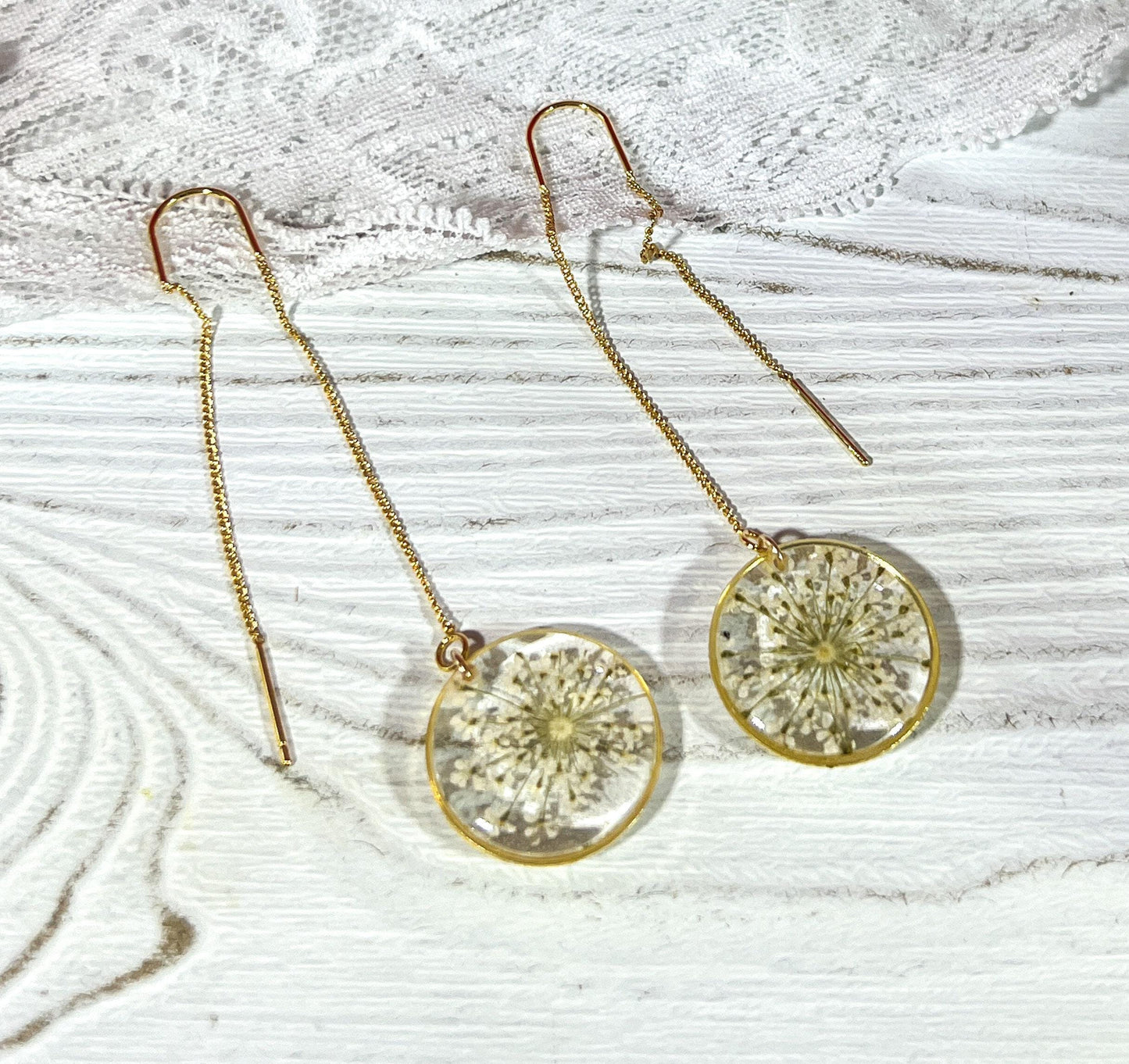 Queen anne’s lace ear threaders, pressed flower earrings