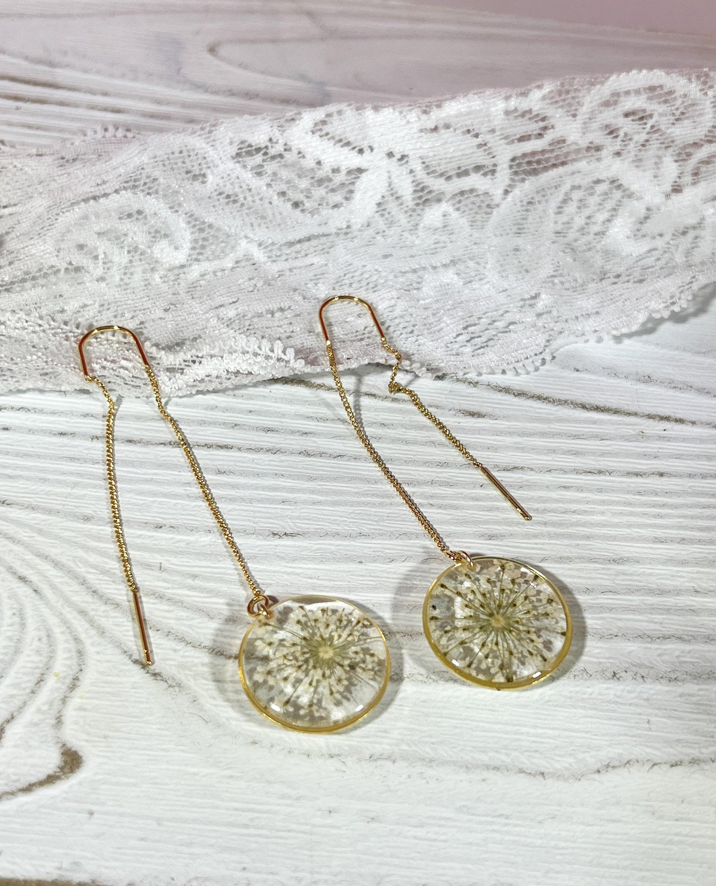 Queen anne’s lace ear threaders, pressed flower earrings