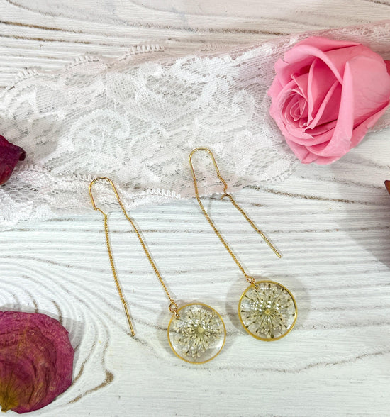 Queen anne’s lace ear threaders, pressed flower earrings
