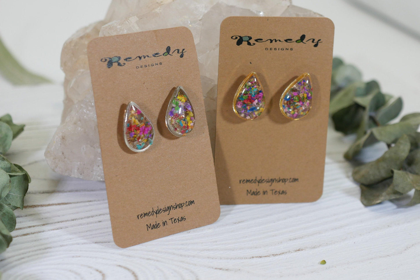 Real flower confetti stud earrings, teardrop botanical earrings, pressed flower jewelry