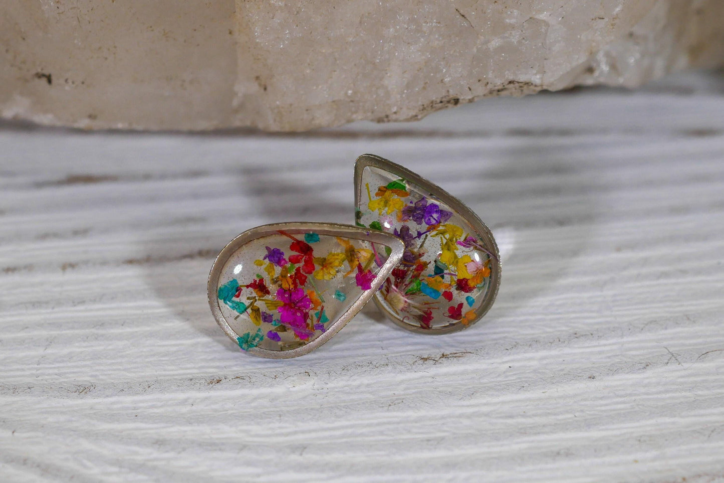 Real flower confetti stud earrings, teardrop botanical earrings, pressed flower jewelry
