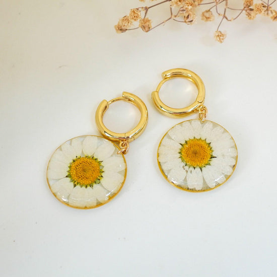 Pressed flower daisy earrings, real flowers,  hoop earrings,  terrarium earrings, real flower jewelry, botanical hoops