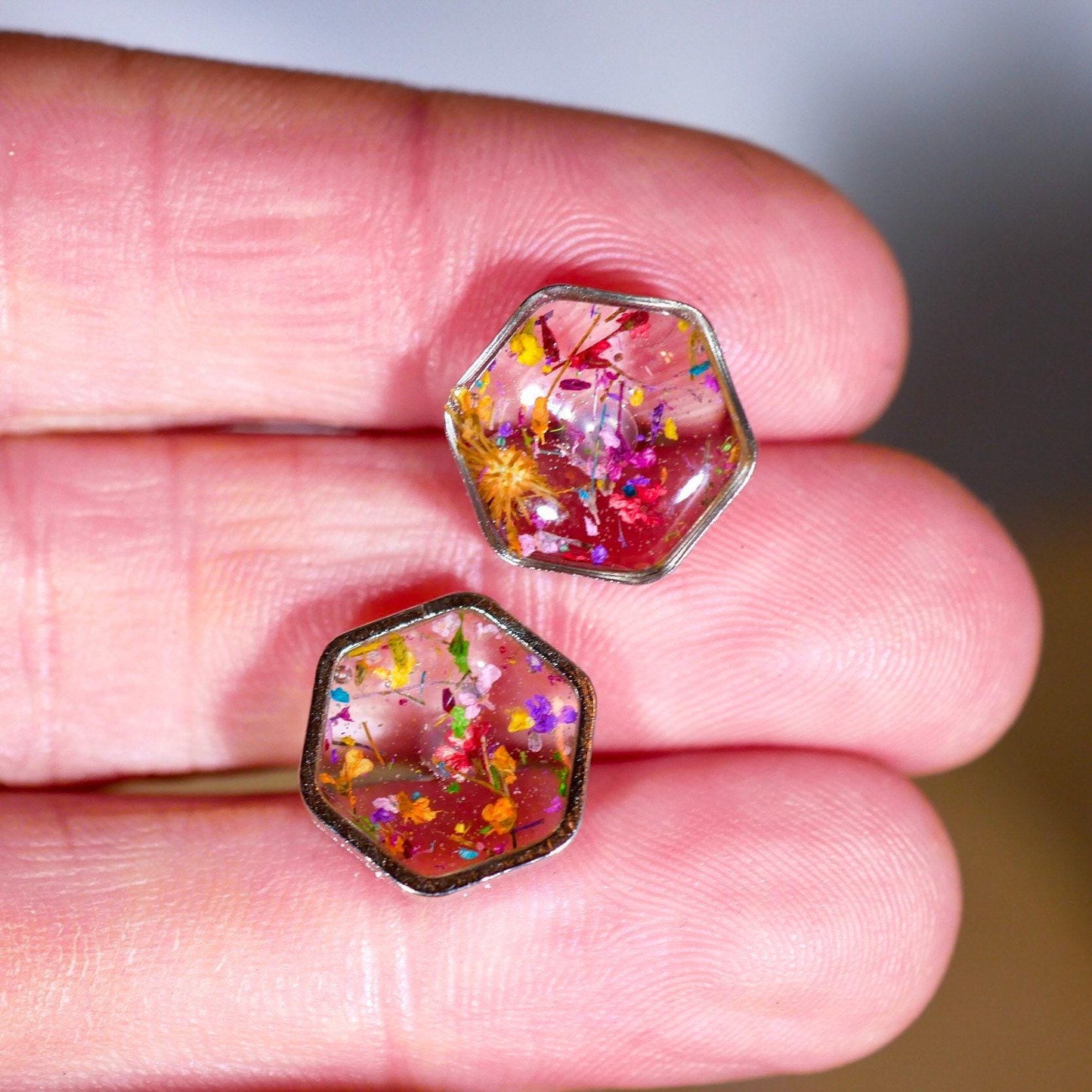 Real flower confetti stud earrings, hexagon botanical earrings, pressed flower jewelry