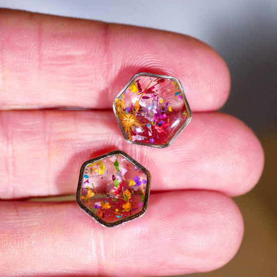 Real flower confetti stud earrings, hexagon botanical earrings, pressed flower jewelry