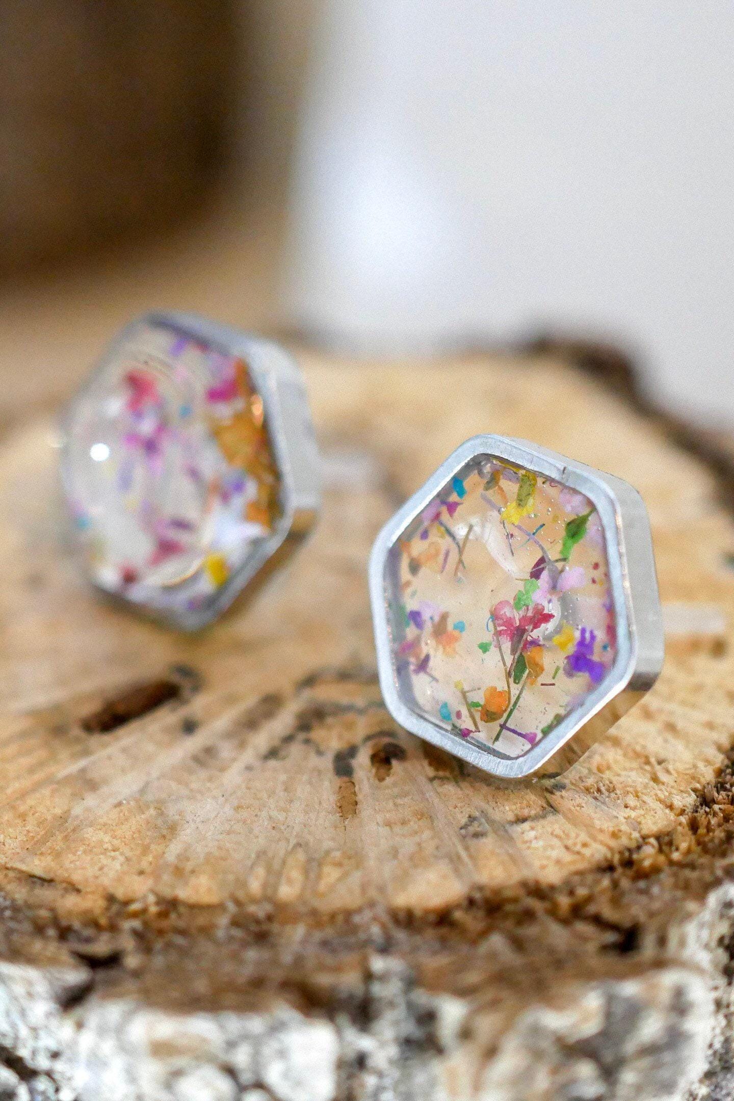 Real flower confetti stud earrings, hexagon botanical earrings, pressed flower jewelry