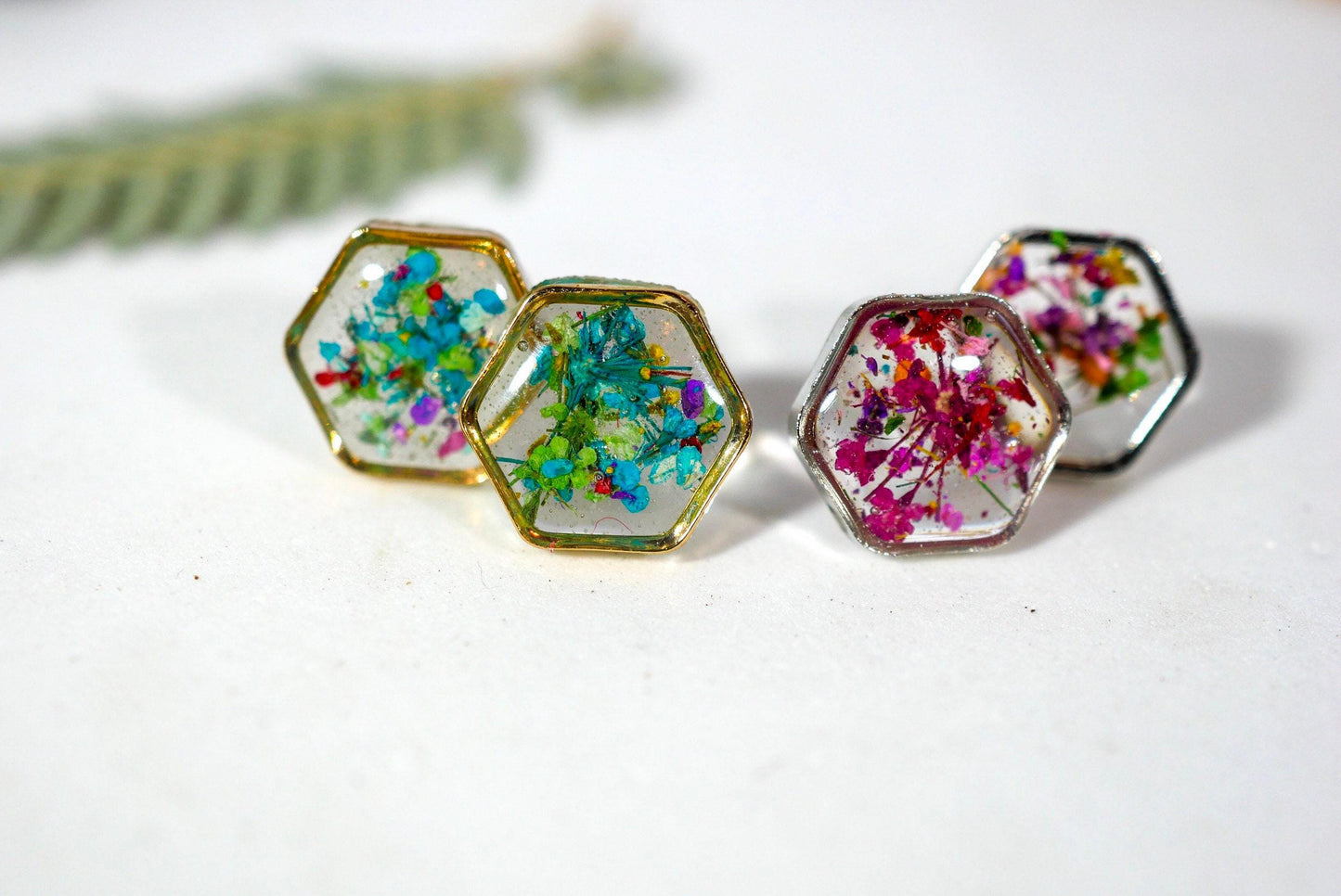 Real flower confetti stud earrings, hexagon botanical earrings, pressed flower jewelry