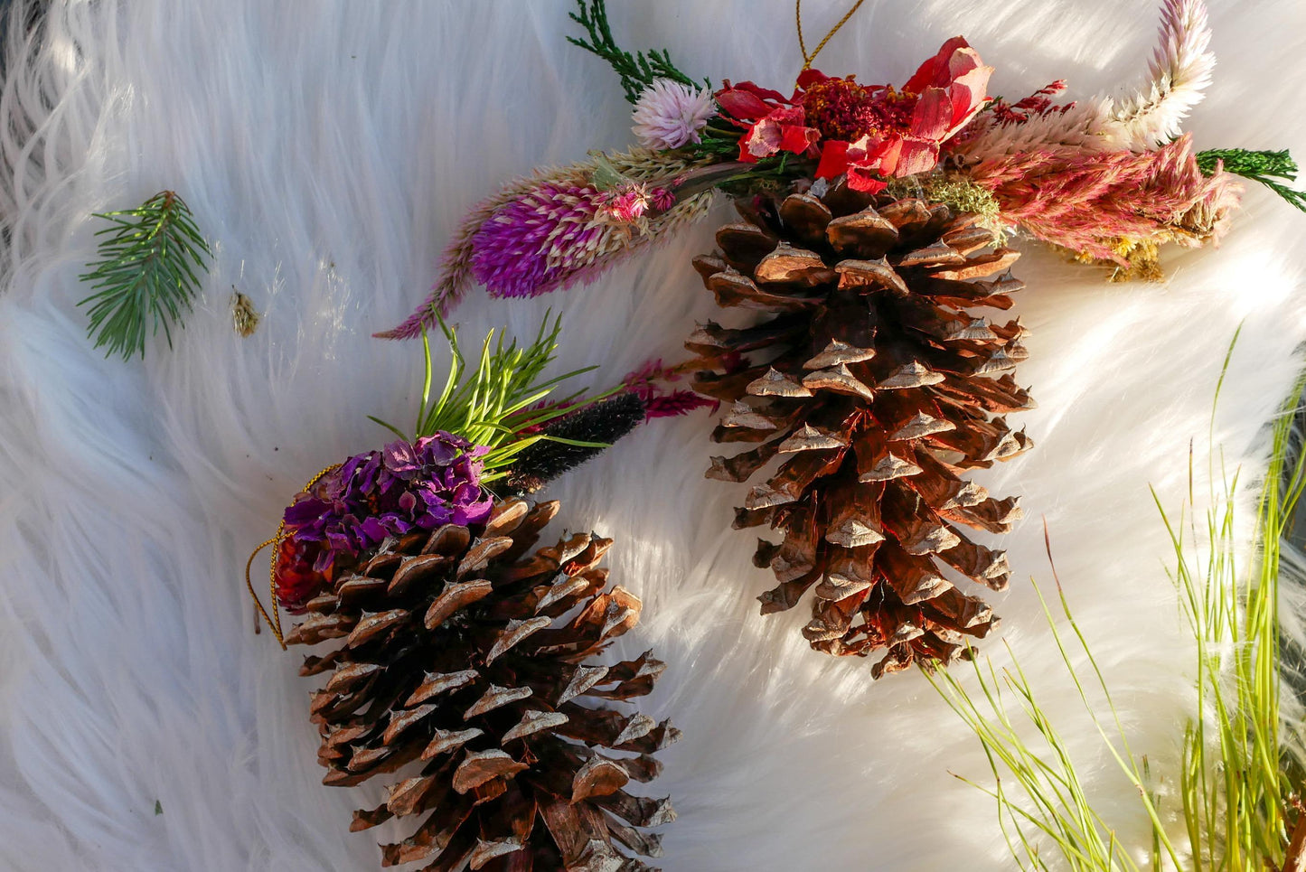 Dried flower pinecone ornament, rustic christmas decor