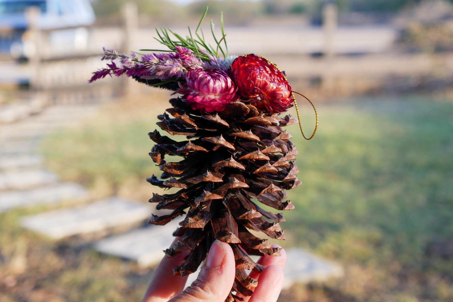 Dried flower pinecone ornament, rustic christmas decor