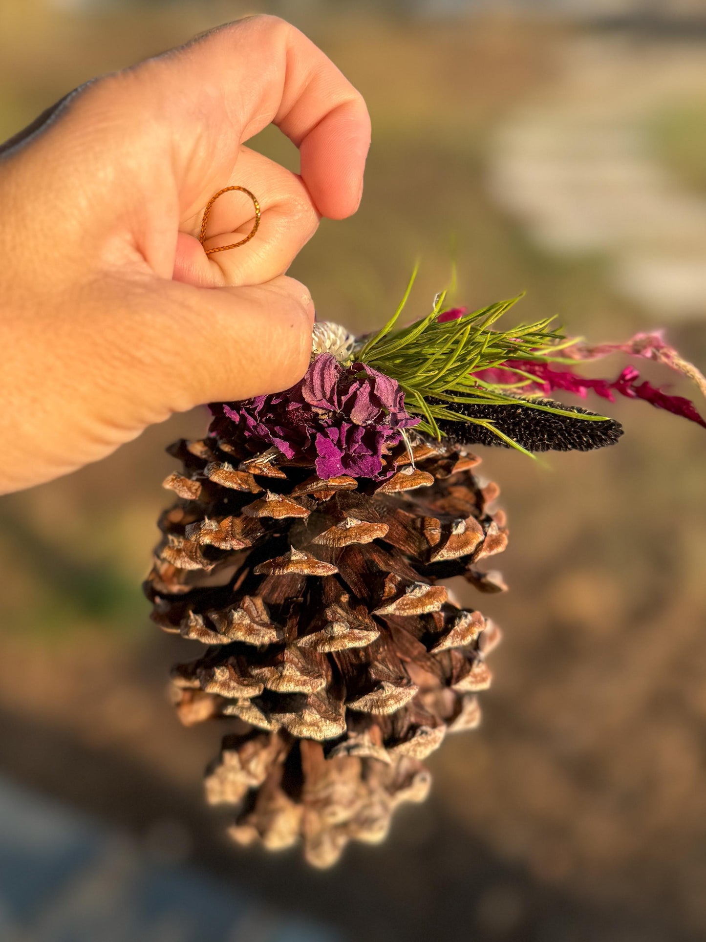 Dried flower pinecone ornament, rustic christmas decor