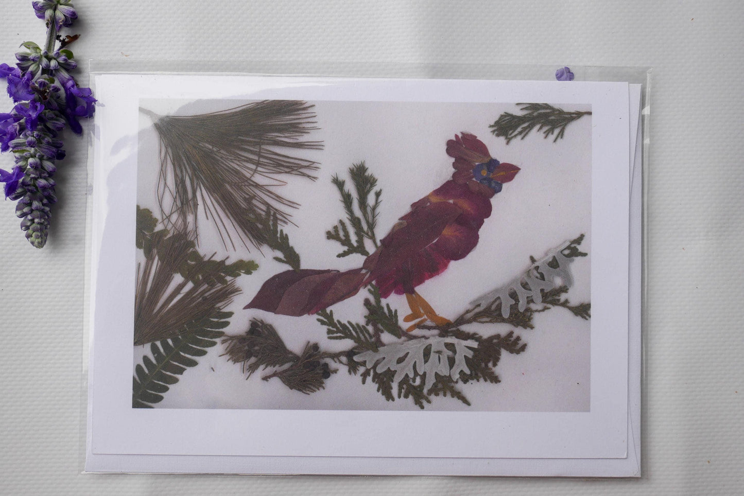 Cardinal Greeting Card: Pressed Flower Art, Blank Floral Note