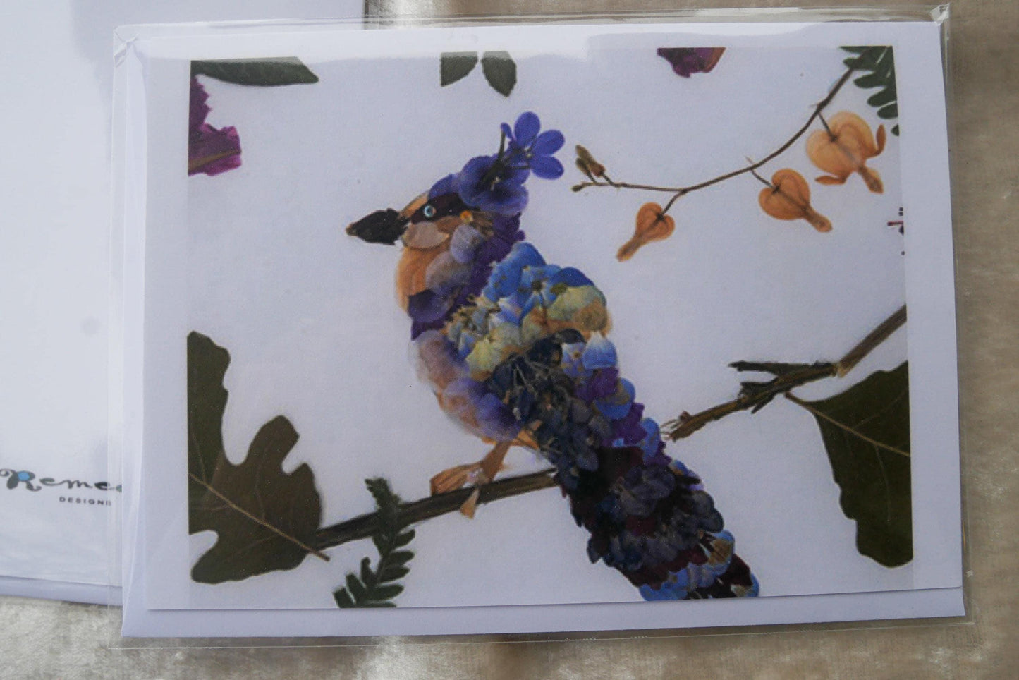 Pressed flower bluejay greeting card, pressed flower blue jay, blank whimsical greeting card