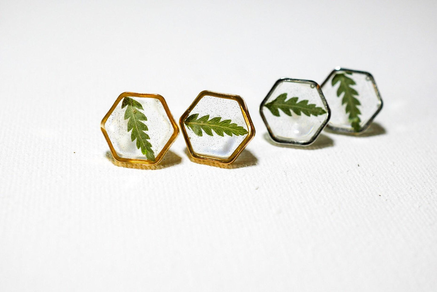 Real fern stud earrings, pressed fern studs, terrarium jewelry, garden gift earrings, hexagon studs