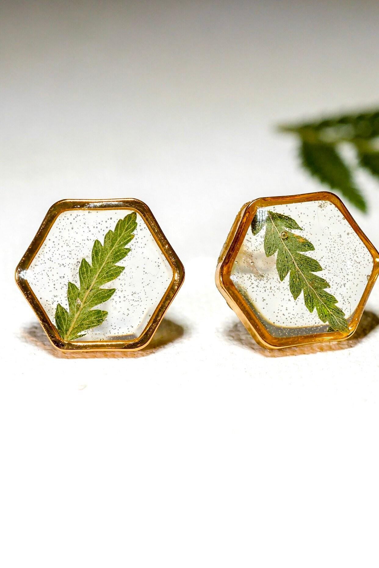 Real fern stud earrings, pressed fern studs, terrarium jewelry, garden gift earrings, hexagon studs