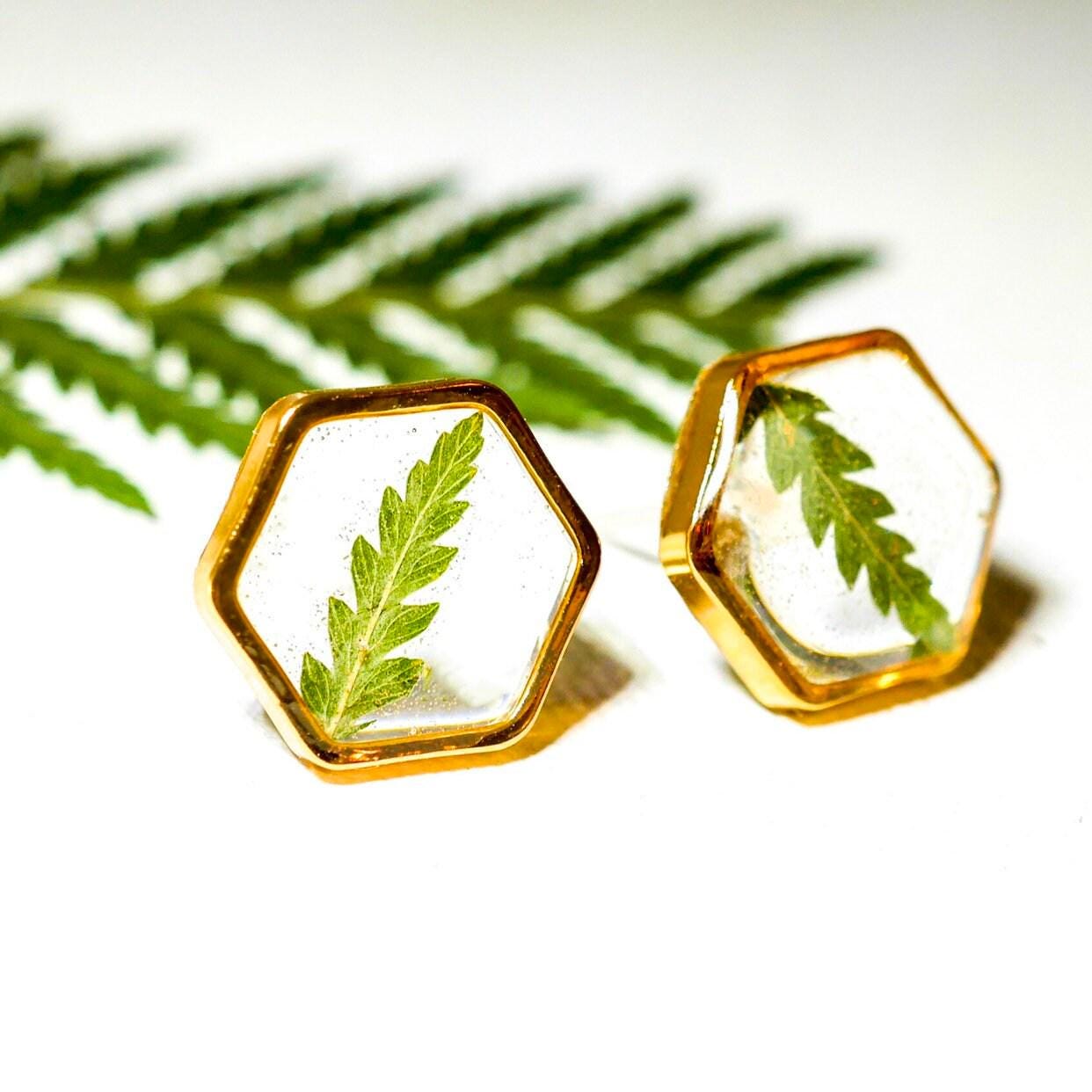 Real fern stud earrings, pressed fern studs, terrarium jewelry, garden gift earrings, hexagon studs