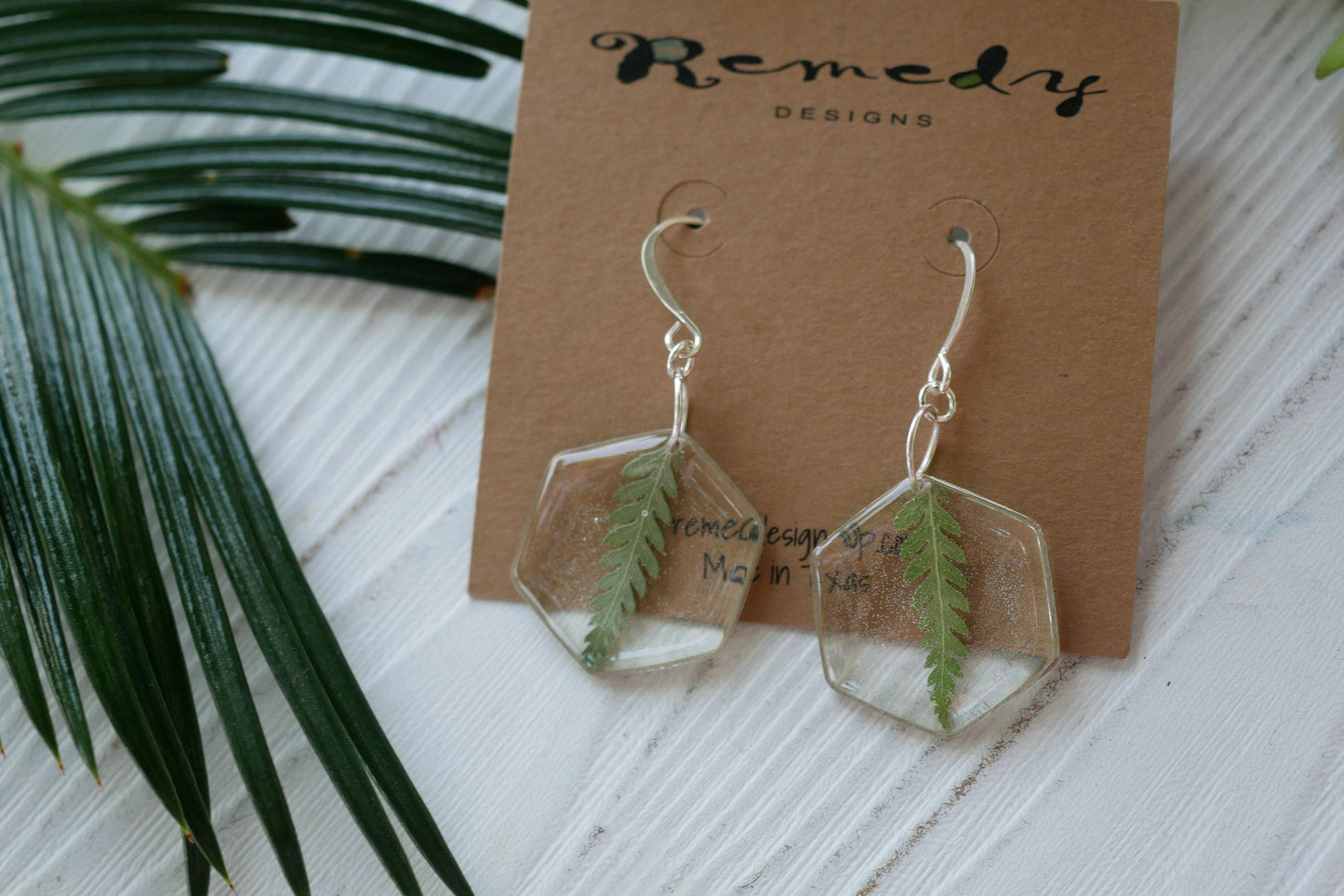 Pressedfern earrings, pressed fern dangle earrings, real leaf earrings, hexagon earrings